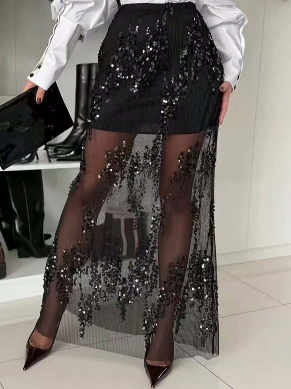 Black Elegant Women's Sequin Embroidered Tulle High Waist Long Skirt